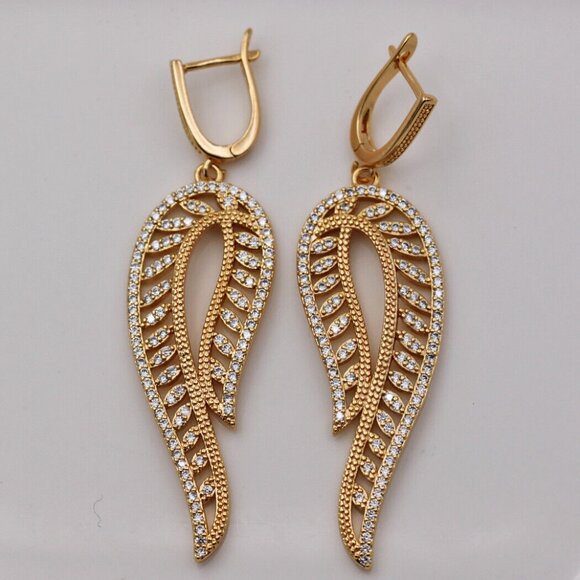 18K Yellow Gold Filled Swirl Wing Leaf Diamond Zircon Dangle Earrings Gorgeous - Picture 3 of 4